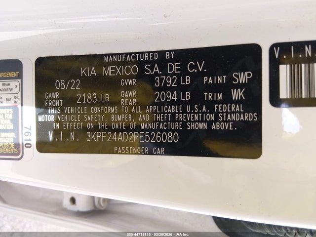 Aukcja sprzedaży 2023 Kia Forte Lxs, vin: 3KPF24AD2PE526080, numer aukcji: 44714115