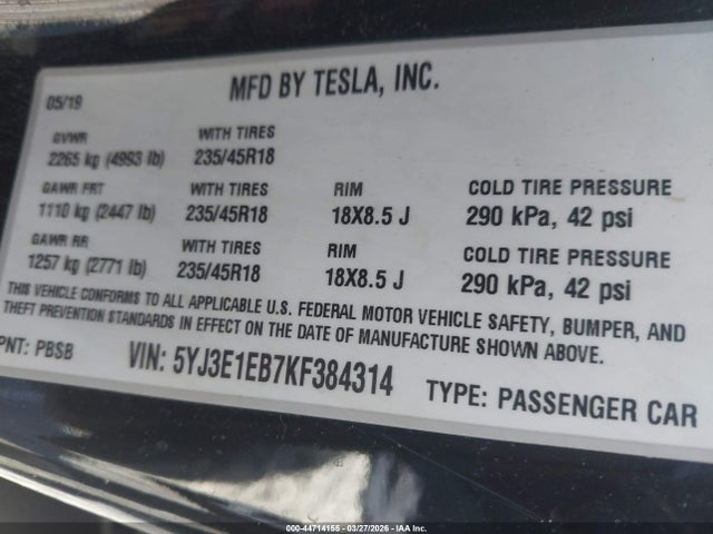 2019 Tesla Model 3 Long Range/performance მანქანა იყიდება აუქციონზე, vin: 5YJ3E1EB7KF384314, აუქციონის ნომერი: 44714155