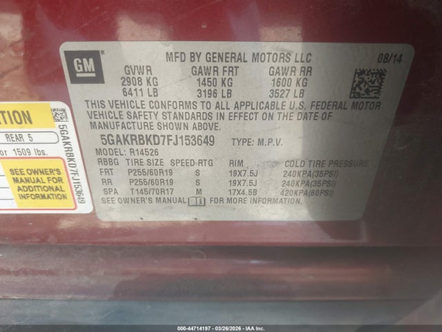 44714197 :رقم المزاد ، 5GAKRBKD7FJ153649 vin ، 2015 Buick Enclave Leather مزاد بيع