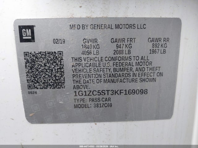 Продаж на аукціоні авто 2019 Chevrolet Malibu 1fl, vin: 1G1ZC5ST3KF169098, номер лоту: 44714203