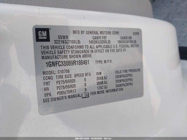 2009 Chevrolet Tahoe Ltz მანქანა იყიდება აუქციონზე, vin: 1GNFC33089R188491, აუქციონის ნომერი: 44714205