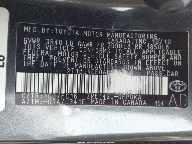 2010 Toyota Corolla Le მანქანა იყიდება აუქციონზე, vin: 2T1BU4EE0AC513040, აუქციონის ნომერი: 44714225