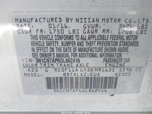 3N1CN7AP6GL862416 Nissan Versa 1.6 S+
