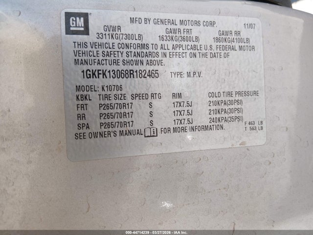 44714239 :رقم المزاد ، 1GKFK13068R182465 vin ، 2008 Gmc Yukon Slt مزاد بيع
