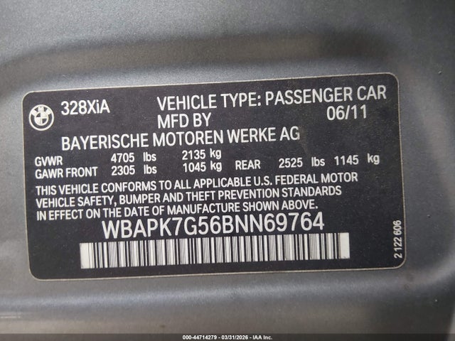 2011 Bmw 328i Xdrive მანქანა იყიდება აუქციონზე, vin: WBAPK7G56BNN69764, აუქციონის ნომერი: 44714279