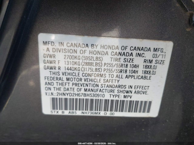 Auction sale of the 2011 Acura Mdx Technology Package, vin: 2HNYD2H67BH530910, lot number: 44714298