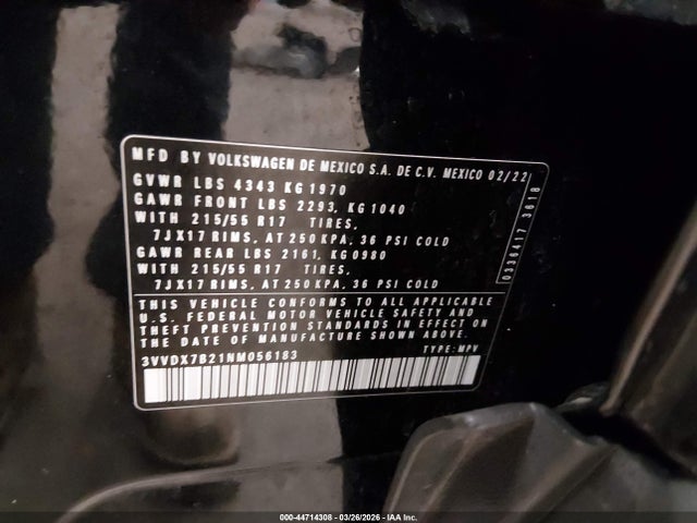 2022 Volkswagen Taos 1.5t S მანქანა იყიდება აუქციონზე, vin: 3VVDX7B21NM056183, აუქციონის ნომერი: 44714308