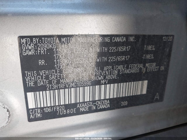 2T3H1RFV3MC105996 Toyota RAV4 LE