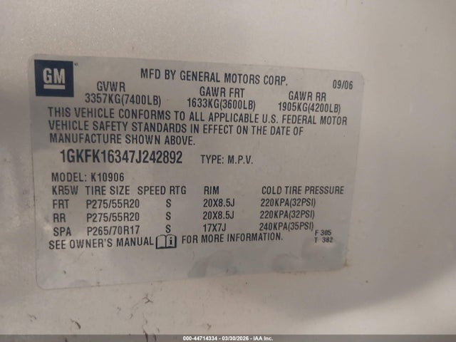 Aukcja sprzedaży 2007 Gmc Yukon Xl 1500 Slt, vin: 1GKFK16347J242892, numer aukcji: 44714334
