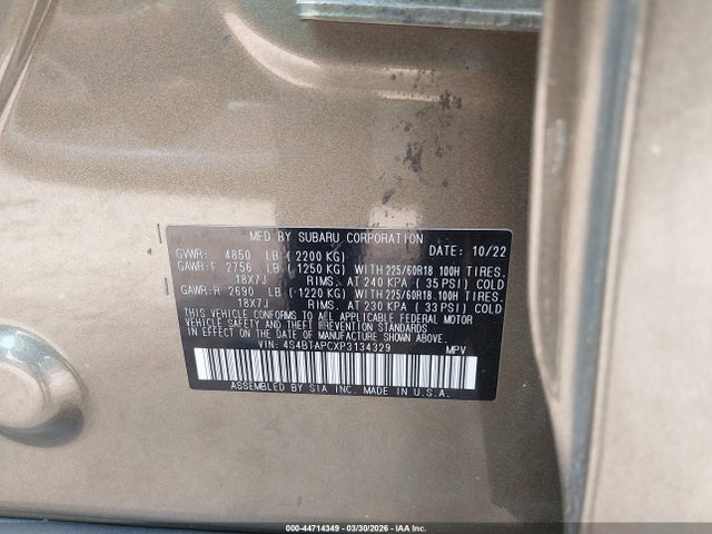 44714349 :رقم المزاد ، 4S4BTAPCXP3134329 vin ، 2023 Subaru Outback Touring مزاد بيع
