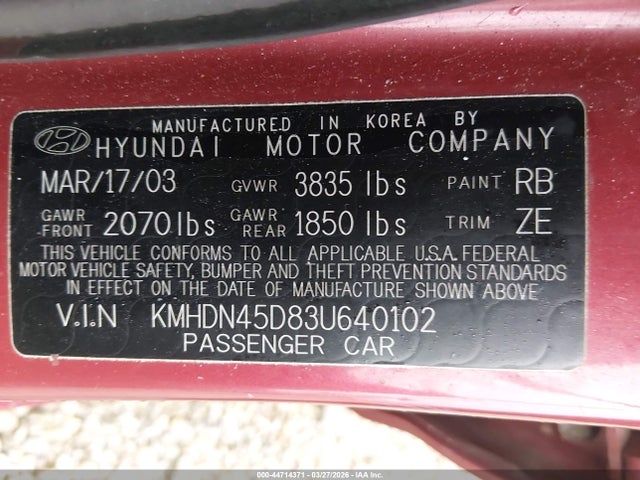2003 HYUNDAI ELANTRA KMHDN45D83U640102 Photo 8