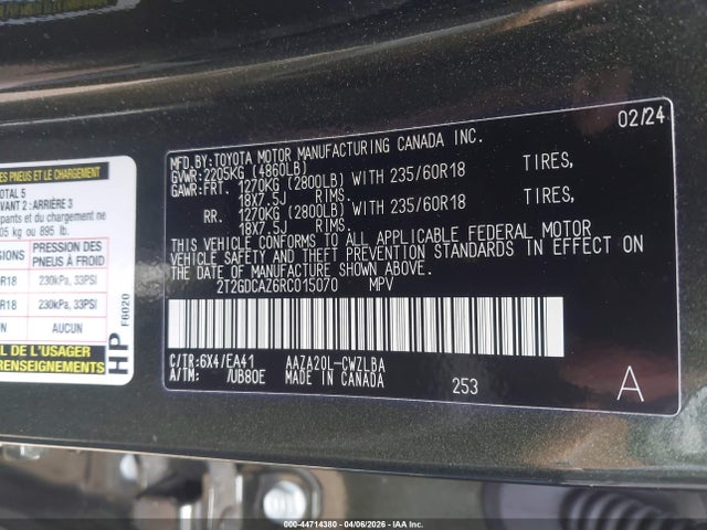 Aukcja sprzedaży 2024 Lexus Nx 250 Premium, vin: 2T2GDCAZ6RC015070, numer aukcji: 44714380