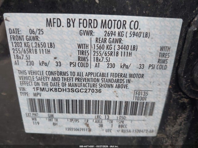 2025 Ford Explorer Active მანქანა იყიდება აუქციონზე, vin: 1FMUK8DH3SGC27036, აუქციონის ნომერი: 44714381