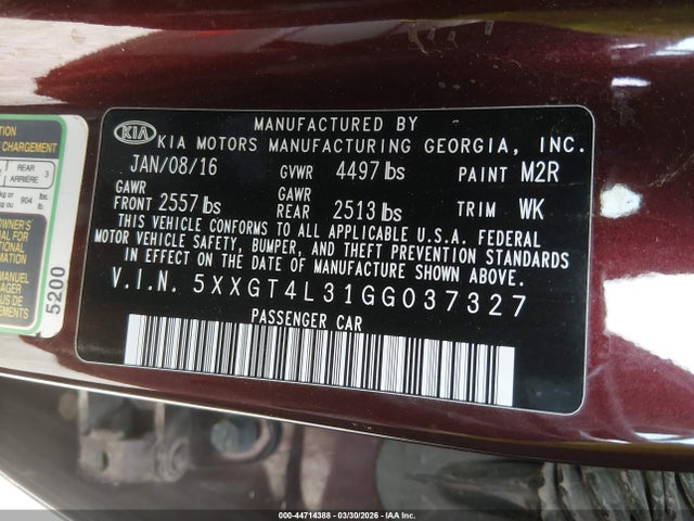 Aukcja sprzedaży 2016 Kia Optima Lx, vin: 5XXGT4L31GG037327, numer aukcji: 44714388
