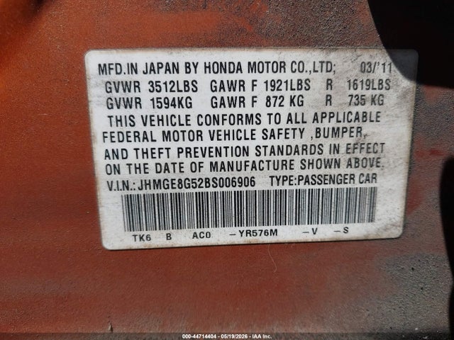 2011 Honda Fit Sport მანქანა იყიდება აუქციონზე, vin: JHMGE8G52BS006906, აუქციონის ნომერი: 44714404