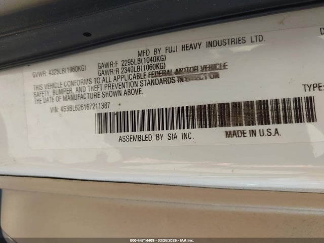 Продажа на аукционе авто 2006 Subaru Legacy 2.5i/2.5i Limited, vin: 4S3BL626167211387, номер лота: 44714409
