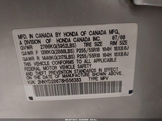 Продажа на аукционе авто 2008 Acura Mdx Technology Package, vin: 2HNYD28678H556383, номер лота: 44714412