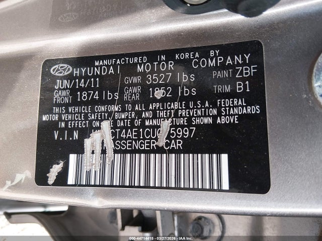 Aukcja sprzedaży 2012 Hyundai Accent Gls, vin: KMHCT4AE1CU075997, numer aukcji: 44714415