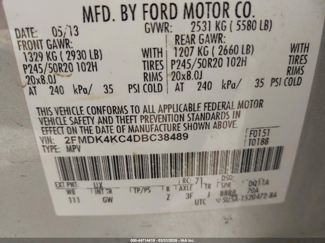 2013 Ford Edge Limited მანქანა იყიდება აუქციონზე, vin: 2FMDK4KC4DBC38489, აუქციონის ნომერი: 44714419