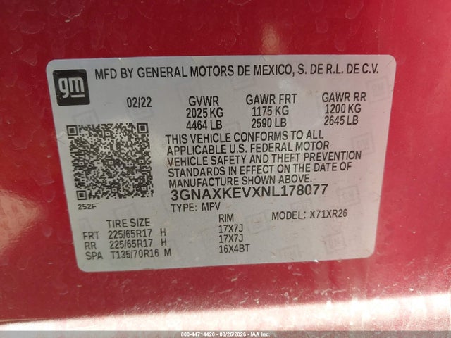 Продаж на аукціоні авто 2022 Chevrolet Equinox Fwd Lt, vin: 3GNAXKEVXNL178077, номер лоту: 44714420