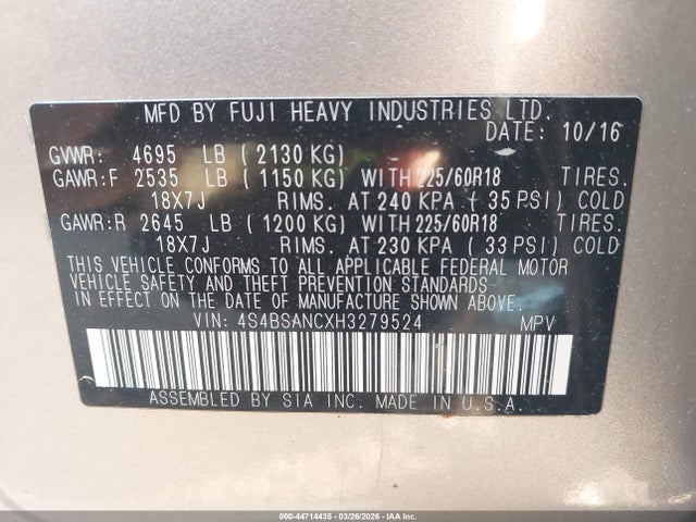 Aukcja sprzedaży 2017 Subaru Outback 2.5i Limited, vin: 4S4BSANCXH3279524, numer aukcji: 44714435