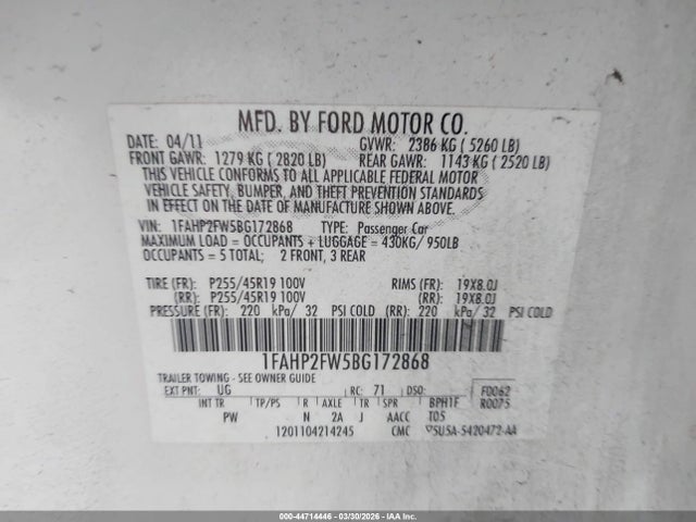 2011 FORD TAURUS 1FAHP2FW5BG172868 Photo 8