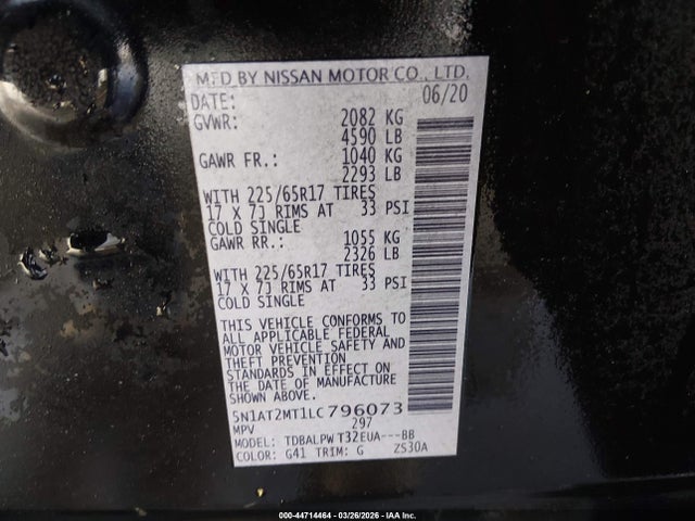 44714464 :رقم المزاد ، 5N1AT2MT1LC796073 vin ، 2020 Nissan Rogue S Fwd مزاد بيع
