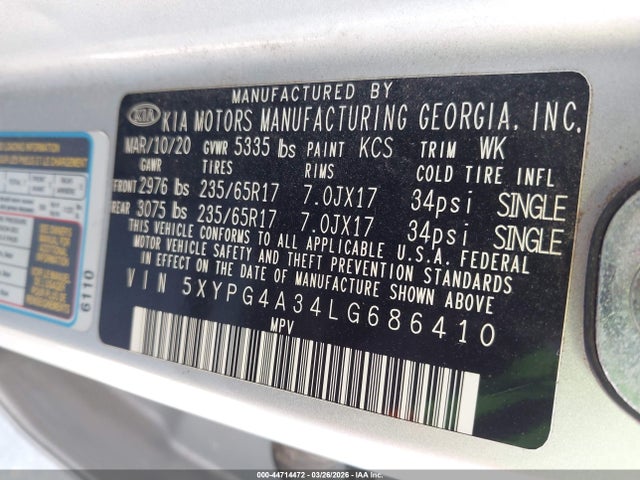 Aukcja sprzedaży 2020 Kia Sorento 2.4l Lx, vin: 5XYPG4A34LG686410, numer aukcji: 44714472