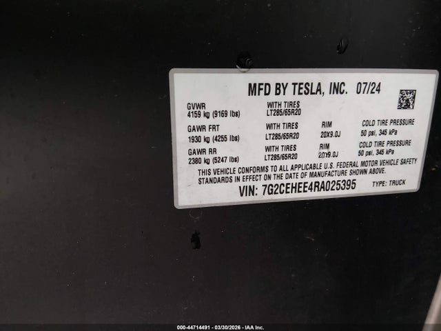 Продаж на аукціоні авто 2024 Tesla Cybertruck, vin: 7G2CEHEE4RA025395, номер лоту: 44714491