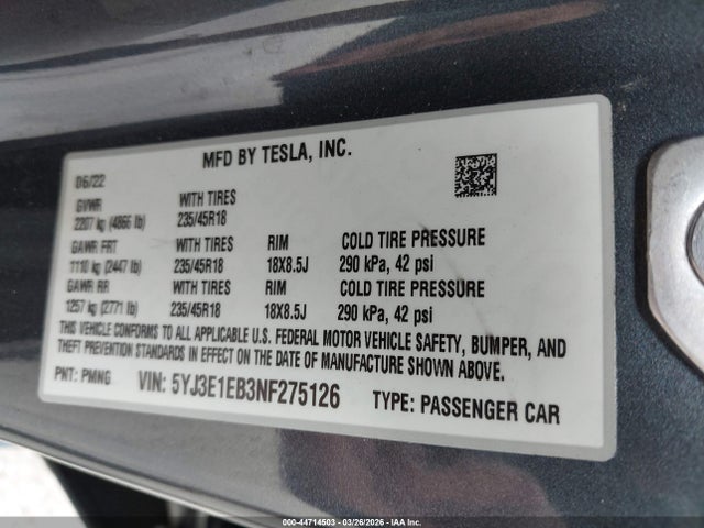 Продажа на аукционе авто 2022 Tesla Model 3 Long Range Dual Motor All-wheel Drive, vin: 5YJ3E1EB3NF275126, номер лота: 44714503