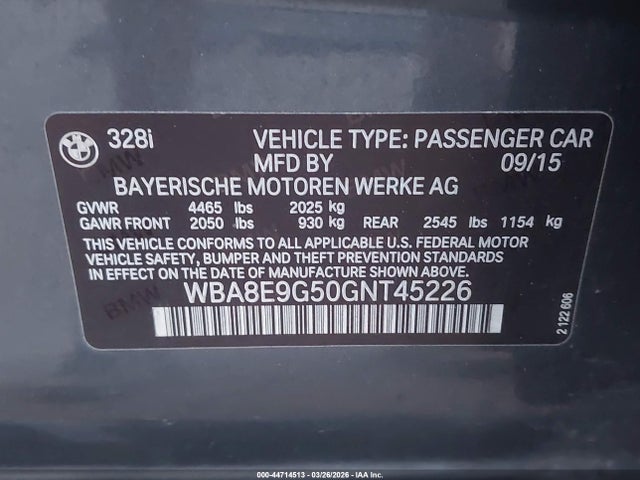 Aukcja sprzedaży 2016 Bmw 328i, vin: WBA8E9G50GNT45226, numer aukcji: 44714513