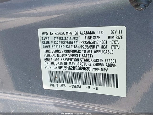 2011 HONDA ODYSSEY 5FNRL5H62BB089630 Photo 8