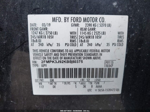 2019 Ford Edge Sel მანქანა იყიდება აუქციონზე, vin: 2FMPK3J92KBB80375, აუქციონის ნომერი: 44714533