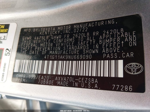 2022 Toyota Camry Se მანქანა იყიდება აუქციონზე, vin: 4T1G11AK9NU669090, აუქციონის ნომერი: 44714538