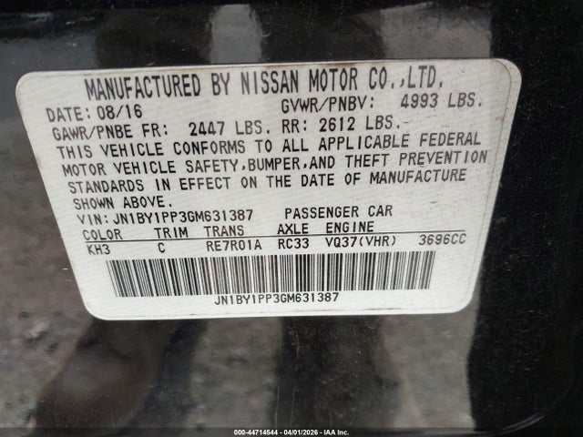 Aukcja sprzedaży 2016 Infiniti Q70l 3.7, vin: JN1BY1PP3GM631387, numer aukcji: 44714544