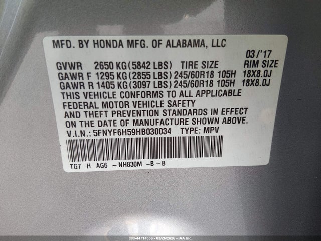 Honda Pilot Ex-l 2017 5FNYF6H59HB030034 Image 9