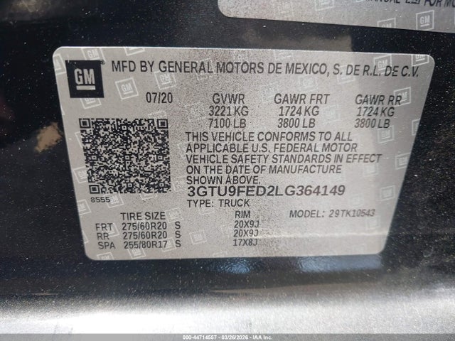 Aukcja sprzedaży 2020 Gmc Sierra 1500 4wd  Short Box Denali, vin: 3GTU9FED2LG364149, numer aukcji: 44714557