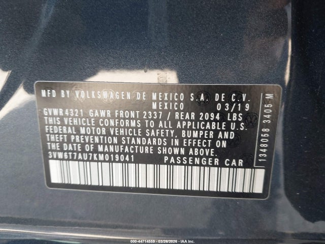 44714559 :رقم المزاد ، 3VW6T7AU7KM019041 vin ، 2019 Volkswagen Golf Gti 2.0t Autobahn/2.0t Rabbit Edition/2.0t S/2.0t Se مزاد بيع
