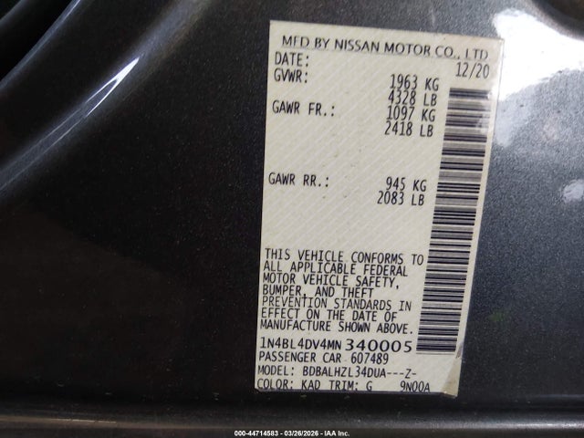2021 Nissan Altima Sv Fwd მანქანა იყიდება აუქციონზე, vin: 1N4BL4DV4MN340005, აუქციონის ნომერი: 44714583