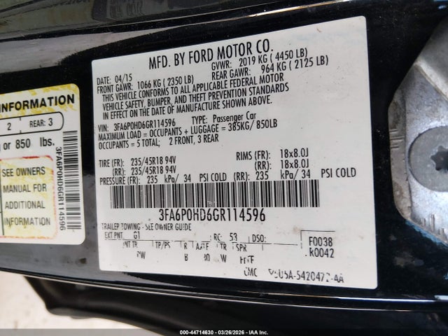 Ford FUSION SE 2016 3FA6P0HD6GR114596 Image 9