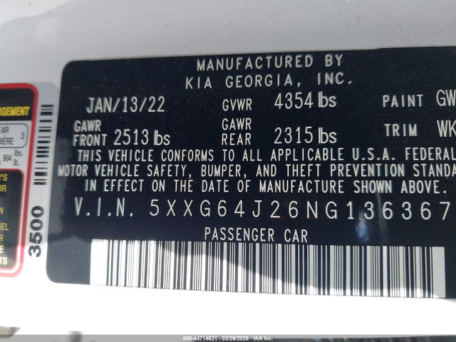 Продаж на аукціоні авто 2022 Kia K5 Gt-line, vin: 5XXG64J26NG136367, номер лоту: 44714631