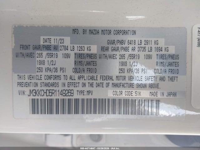 Aukcja sprzedaży 2024 Mazda Cx-90 3.3 Turbo Preferred Plus, vin: JM3KKCHD5R1149269, numer aukcji: 44714647