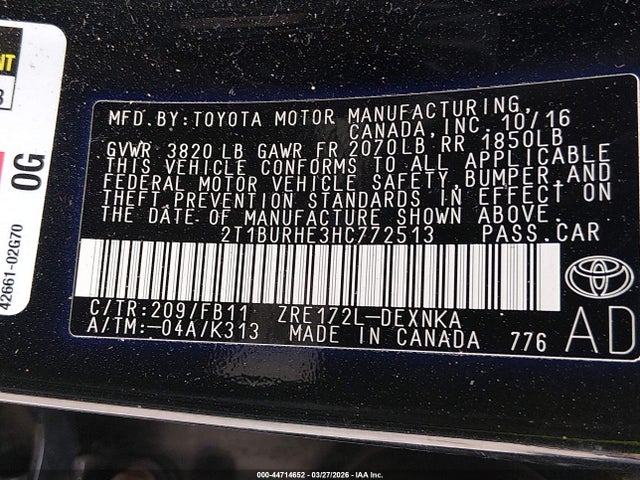 Продажа на аукционе авто 2017 Toyota Corolla Le, vin: 2T1BURHE3HC772513, номер лота: 44714652