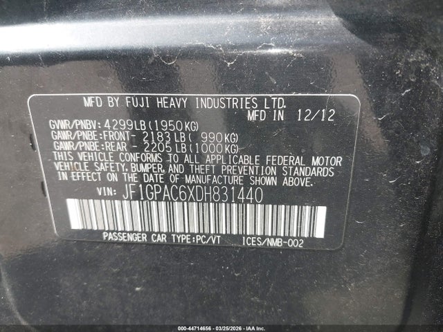 44714656 :رقم المزاد ، JF1GPAC6XDH831440 vin ، 2013 Subaru Impreza 2.0i Premium مزاد بيع