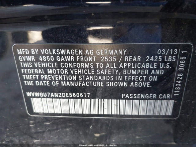 44714679 :رقم المزاد ، WVWGU7AN2DE560617 vin ، 2013 Volkswagen Cc 3.6l Vr6 Executive مزاد بيع