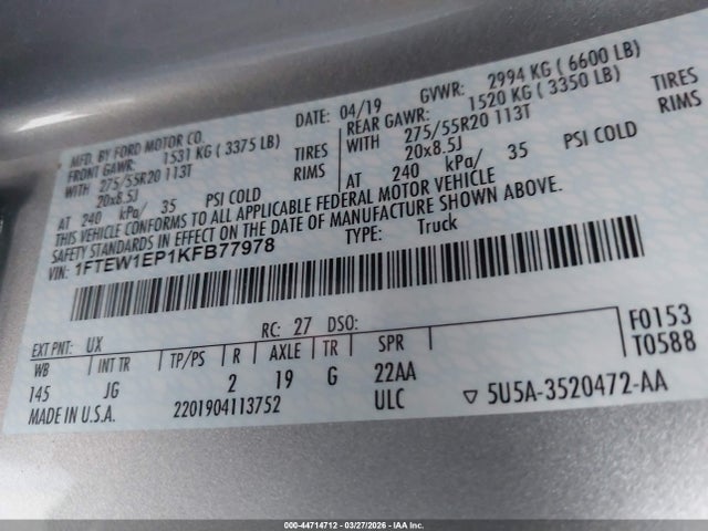 44714712 :رقم المزاد ، 1FTEW1EP1KFB77978 vin ، 2019 Ford F-150 Xl مزاد بيع