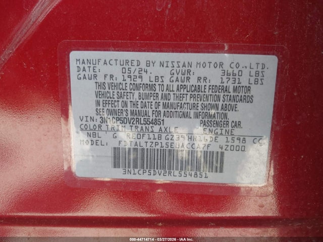 44714714 :رقم المزاد ، 3N1CP5DV2RL554851 vin ، 2024 Nissan Kicks Sr Xtronic Cvt مزاد بيع