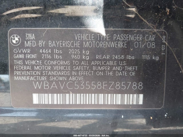 Продаж на аукціоні авто 2008 Bmw 328i, vin: WBAVC53558FZ85788, номер лоту: 44714723