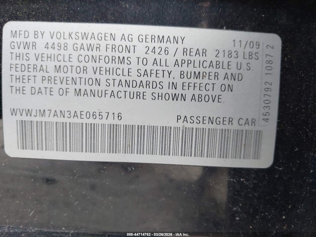 Aukcja sprzedaży 2010 Volkswagen Passat Komfort, vin: WVWJM7AN3AE065716, numer aukcji: 44714752