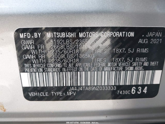 Aukcja sprzedaży 2022 Mitsubishi Outlander Es 2.5 S-awc, vin: JA4J4TA89NZ033333, numer aukcji: 44714794